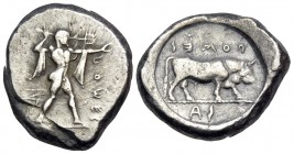 LUCANIA. Poseidonia. Circa 470-445 BC. Stater (Silver, 19 mm, 8.00 g, 4 h). ΠΟΜΕS Poseidon striding to right, brandishing trident and with chlamys ove...