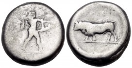 LUCANIA. Poseidonia. Circa 470-445 BC. Stater (Silver, 18 mm, 7.58 g, 10 h). [ΠOΣE] Poseidon advancing to right, wielding trident. Rev. ΠOΣE (retrogra...