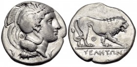 LUCANIA. Velia. Circa 340-334 BC. Didrachm or nomos (Silver, 21 mm, 7.45 g, 2 h), from the "Θ" group. Head of Athena to left, wearing crested Attic he...