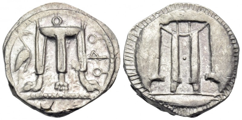 BRUTTIUM. Kroton. Circa 480-430 BC. Nomos (Silver, 20 mm, 8.01 g, 12 h). ϘΡΟ Tri...