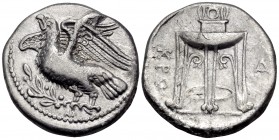 BRUTTIUM. Kroton. Circa 350-300 BC. Nomos (Silver, 21.5 mm, 7.65 g, 1 h). Eagle standing to left on olive branch; below, AI. Rev. KPO / Δ Tripod. HN I...