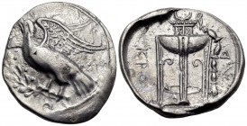 BRUTTIUM. Kroton. Circa 350-300 BC. Nomos (Silver, 24.5 mm, 7.64 g, 10 h). Eagle with spread wings, standing left on olive branch. Rev. KPO Tripod wit...