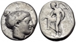 BRUTTIUM. Terina. Circa 420-400 BC. Nomos (Silver, 21 mm, 7.40 g, 6 h). TEPI-NAION Head of the nymph Terina to right, wearing pearl necklace and with ...