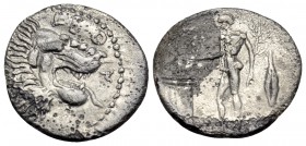 SICILY. Leontini, Circa 450-440 BC. Litra (Silver, 12 mm, 0.83 g, 10 h). ΛΕΟ - Ν Lion’s head with open jaws to right. Rev. Apollo, nude, standing left...