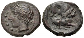 SICILY. Piakos. Circa 425-420 BC. Tetras (Bronze, 15 mm, 2.69 g, 12 h). Π Ι Α Κ Laureate head of a youthful river god to left, with horn above his for...