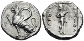 THRACE. Abdera. Circa 411/0-386/5 BC. Tetradrachm (Silver, 24 mm, 12.62 g, 3 h), struck under the magistrate Molpagoras. ABΔHPITEΩN Griffin with curve...