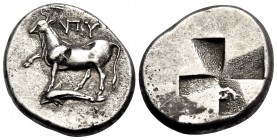 THRACE. Byzantion. Circa 340-320 BC. Drachm or siglos (Silver, 18 mm, 5.33 g). YΠY Heifer with front left leg raised, standing to left on a dolphin sw...