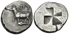 THRACE. Byzantion. Circa 340-320 BC. Drachm or siglos (Silver, 19 mm, 5.26 g). YΠY Heifer standing left on dolphin left with front left leg raised. Re...