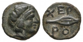 THRACE. Chersonesos. Circa 386-309 BC. Chalkous (Bronze, 11 mm, 1.22 g, 11 h). Diademed head of Pan to right. Rev. XEP/PO Barley grain. Apparently unp...