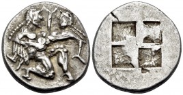 ISLANDS OFF THRACE, Thasos. Circa 500-463 BC. Stater (Silver, 23 mm, 9.66 g), c. 500-480 BC. Ithyphallic satyr advancing to right, carrying protesting...