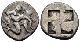 ISLANDS OFF THRACE, Thasos. Circa 500-463 BC. Drachm (Silver, 17 mm, 4.64 g), c. 500-480 BC. Ithyphallic satyr advancing to right, carrying protesting...
