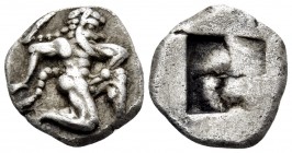 ISLANDS OFF THRACE, Thasos. 500-480 BC. Trihemiobol or 1/8 Stater (Silver, 11 mm, 1.03 g). Satyr running to right. Rev. Quadripartite incuse square. H...