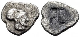 MACEDON. Aineia. Circa 510-480 BC. Diobol (Silver, 12 mm, 1.32 g). Archaic-style bearded head of Aineas to right, wearing Corinthian helmet. Rev. Quad...