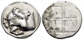 MACEDON. Akanthos. Circa 430-390 BC. Tetrobol (Silver, 15 mm, 2.34 g). Forepart of bull to left, his head turned back to right. Rev. Quadripartite inc...