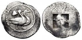 MACEDON. Eion. Circa 460-400 BC. Obol (Silver, 11 mm, 0.41 g). H Two geese standing right; above to left, ivy leaf. Rev. Quadripartite incuse square. ...