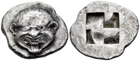 MACEDON. Neapolis. Circa 500-480 BC. Stater (Silver, 25 mm, 9.93 g). Gorgoneion facing with extended tongue. Rev. Quadripartite incuse square. Dewing ...