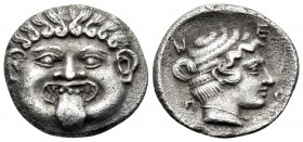MACEDON. Neapolis. Circa 424-350 BC. Hemidrachm (Silver, 13 mm, 1.73 g, 6 h). Gorgoneion facing with protruding tongue. Rev. Ν-Ε / Ο-Π Head of the nym...