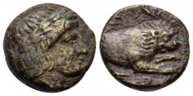 MACEDON. Phagres. Circa 400-350 BC. Chalkous (Bronze, 10.5 mm, 1.39 g, 6 h). Laureate head of Apollo to right. Rev. ΦA/ΓP Forepart of a lion to right....