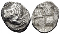 MACEDON. Skione. Circa 490-480 BC. Tetrobol (Silver, 16 mm, 2.34 g). ΣKIONAION (retrograde) Forepart of a roaring lion to right, head turned backwards...