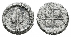 KINGS OF MACEDON. Alexander I, 498-454 BC. Hemiobol (Silver, 8 mm, 0.45 g), Aigai. Spear head. Rev. Quadripartite incuse square. Klein 119. SNG ANS 10...