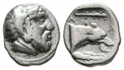 KINGS OF MACEDON. Archelaos, 413-400/399 BC. Diobol (Silver, 11 mm, 0.75 g, 1 h), Aigai. Bearded head of Herakles to right, wearing lion's skin headdr...