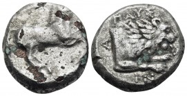 KINGS OF MACEDON. Pausanias, 395/4-393 BC. Drachm (Billon, 14 mm, 3.06 g, 3 h), Thraco-Macedonian light standard, Aigai. Horse prancing to right. Rev....