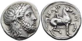 KINGS OF MACEDON. Philip II, 359-336 BC. Tetradrachm (Silver, 25 mm, 14.28 g, 1 h), Pella, 342/1-337/6. Laureate head of Zeus to right. Rev. ΦΙΛΙΠΠΟΥ ...