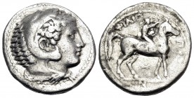 KINGS OF MACEDON. Philip II, 359-336 BC. Didrachm (Silver, 20 mm, 7.04 g, 12 h), Pella, 342/1-337/6. Laureate head of Zeus to right. Rev. ΦΙΛΙΠ-ΠΟΥ Nu...