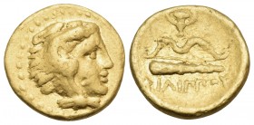 KINGS OF MACEDON. Philip II, 359-336 BC. Quarter Stater (Gold, 10.5 mm, 2.11 g, 9 h), Pella, circa 340/336-328 BC. Head of youthful Herakles in lion's...