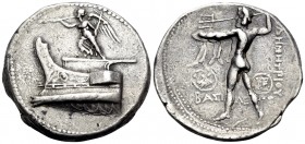 KINGS OF MACEDON. Demetrios I Poliorketes, 306-283 BC. Tetradrachm (Silver, 29 mm, 16.69 g, 12 h), Salamis (?), c. 300-295. Nike, blowing a trumpet an...