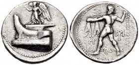 KINGS OF MACEDON. Demetrios I Poliorketes, 306-283 BC. Tetradrachm (Silver, 29.5 mm, 17.03 g, 1 h), Salamis, c. 300-295. Nike, blowing a trumpet and h...
