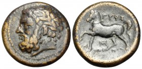 THESSALY. Gyrton. Circa 400-344 BC. Trichalkon (Bronze, 22 mm, 8.15 g, 8 h). Laureate head of Zeus to left. Rev. ΓΥΡΤ-ΩΝΙΩΝ (partially retrograde) Hor...