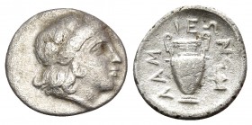 THESSALY. Lamia. Circa 400-375 BC. Obol (Silver, 11 mm, 0.79 g, 8 h). Head of young Dionysos to right, wearing ivy wreath. Rev. ΛΑΜ-ΙΕ-Ω -Ν Amphora wi...