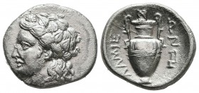 THESSALY. Lamia. Circa 360s-350s BC. Hemidrachm (Silver, 17 mm, 2.69 g, 11 h). Head of Dionysos to left, wearing ivy wreath. Rev. ΛΑΜΙΕ-ΩΝ Amphora wit...