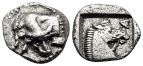 THESSALY. Larissa. Circa 479-465 BC. Obol (Silver, 10.5 mm, 0.88 g, 11 h). Forepart of bull to left, turning head and neck to right. Rev. Λ-A Head of ...