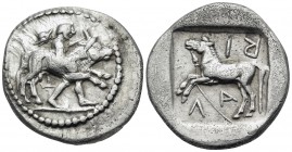THESSALY. Larissa. Circa 460-440 BC. Drachm (Silver, 22 mm, 5.69 g, 1 h). Youth, nude but for cloak over his shoulders and petasos hanging from a cord...