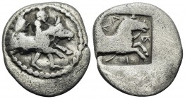 THESSALY. Larissa. Circa 460-450 BC. Hemidrachm (Silver, 11.5 mm, 2.75 g, 1 h). Hero holding a band in both his hands around the head of the forepart ...