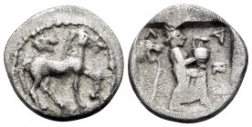 THESSALY. Larissa. Circa mid to late 5th Century BC. Obol (Silver, 11.5 mm, 0.95 g, 12 h). Horse walking to right; above, lion’s head to right. Rev. Λ...
