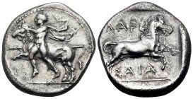 THESSALY. Larissa. Circa 420-400 BC. Drachm (Silver, 19 mm, 5.77 g, 12 h). Thessalos, with cloak and petasos over his shoulders, leaping left, both fe...