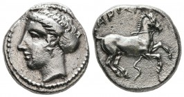 THESSALY. Larissa. Circa 404 BC. Drachm (Silver, 19 mm, 5.91 g, 2 h). Head of the nymph Larissa to left, wearing earring. Rev. ΛAPIΣAI Bridled horse, ...