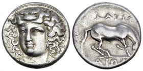 THESSALY. Larissa. Circa 356-342 BC. Drachm (Silver, 18 mm, 6.05 g, 9 h). Head of the nymph Larissa facing, turned slightly to the left, wearing ampyx...