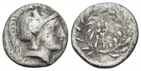 THESSALY. Orthos. Circa 350-200 BC. Obol (Silver, 12 mm, 1.13 g, 11 h). Head of Athena to right wearing crested Attic helmet adorned with the forepart...
