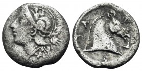THESSALY. Pharsalos. Circa 3rd quarter of 4th century BC. Obol (Silver, 12 mm, 0.78 g, 1 h). Head of Athena to left, wearing crested Attic helmet with...