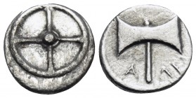 THESSALY. Pherai. Alexander, Tyrant, 369-359 BC. Obol (Silver, 10 mm, 0.80 g). Wheel of four spokes. Rev. AΛE Double-axe. BCD 1313. SNG Copenhagen 244...