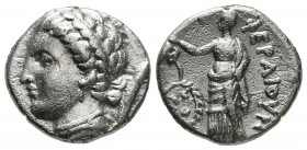 THESSALY. Pherai. Circa 302-286 BC. Hemidrachm (Silver, 15 mm, 2.57 g, 12 h). Head of Ennodia to left, wearing myrtle wreath, pendant earring and pear...