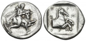 THESSALY. Trikka. Circa 425-400 BC. Hemidrachm (Silver, 16 mm, 2.78 g, 6 h). Youthful hero, Thessalos, nude but for his cloak and petasos hanging over...