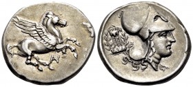 AKARNANIA. Anaktorion. Circa 350-300 BC. Stater (Silver, 22 mm, 8.42 g, 6 h). AN Pegasus flying right with straight wings. Rev. Head of Athena to righ...