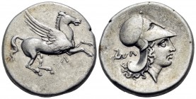 AKARNANIA. Leukas. Circa 350-320 BC. Stater (Silver, 21.5 mm, 8.38 g, 12 h). Pegasus flying right with straight wings; below, Λ. Rev. Head of Athena t...