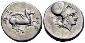 AKARNANIA. Leukas. Circa 350-320 BC. Stater (Silver, 21 mm, 8.41 g, 2 h). Pegasus with straight wings flying to right; below, Λ. Rev. Head of Athena t...