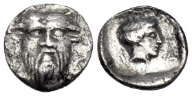 AKARNANIA. Stratos. Circa 425-380 BC. Diobol (Silver, 11 mm, 0.99 g, 1 h), probably c. 400/390 BC. Bearded facing head of the androkephalic, horned, r...